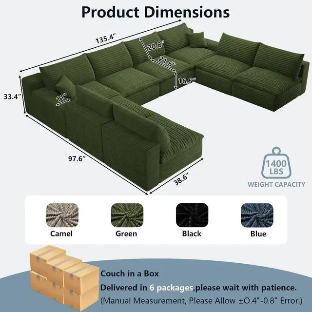 Alt view image 7 of 7 - 136" Oversized Cloud Sectional Couch with U-Shaped Chaise,8-Seater Corduroy Viral Boneless Sofa,Memory Foam Couches in a Box with Deep Seat for Living Room,No Assembly Required, Green