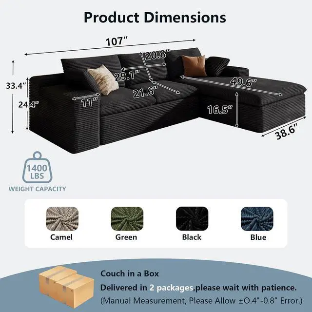 Alt view image 2 of 7 - 107" Cloud Sectional Couch with L-Shape Chaise, Modern Corduroy Viral Boneless Sofa for Living Room,Memory Foam Couches in a Box with Deep Seat,No Assembly Required (Black,Right-Facing Chaise)