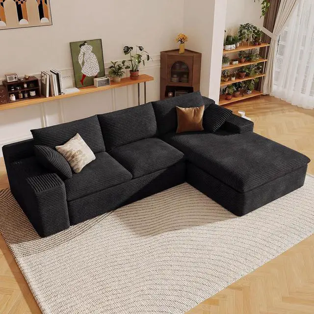 Main image of 107" Cloud Sectional Couch with L-Shape Chaise, Modern Corduroy Viral Boneless Sofa for Living Room,Memory Foam Couches in a Box with Deep Seat,No Assembly Required (Black,Right-Facing Chaise)