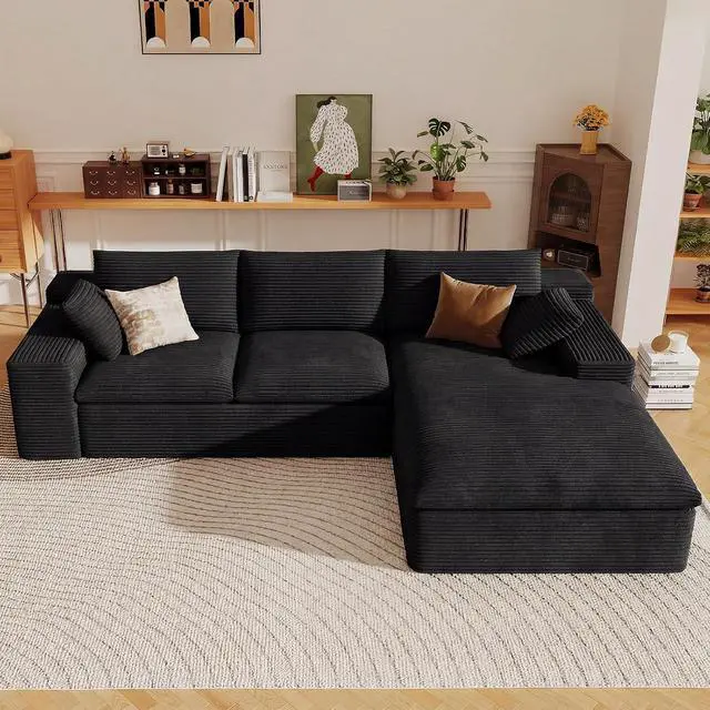 Alt view image 3 of 7 - 107" Cloud Sectional Couch with L-Shape Chaise, Modern Corduroy Viral Boneless Sofa for Living Room,Memory Foam Couches in a Box with Deep Seat,No Assembly Required (Black,Right-Facing Chaise)