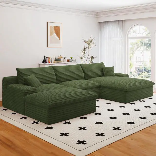 Alt view image 4 of 7 - 107" Cloud Sectional Couch with U-Shaped Chaise,Corduroy Viral Boneless Sofa with Ottoman,Memory Foam Couches in a Box with Deep Seat for Living Room,No Assembly Required (Green,Right-Facing Chaise)