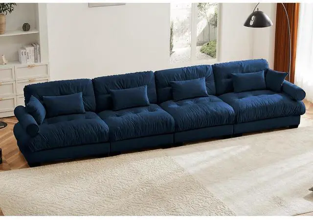 Main image of 166" Modular Sectional Sofa, Oversized 4-Seater Velvet Cloud Couch with Waist & Throw Pillows, Deep Seat Upholstered Sofa for Living Room, Bedroom & Small Spaces (Blue, 4-Seater)