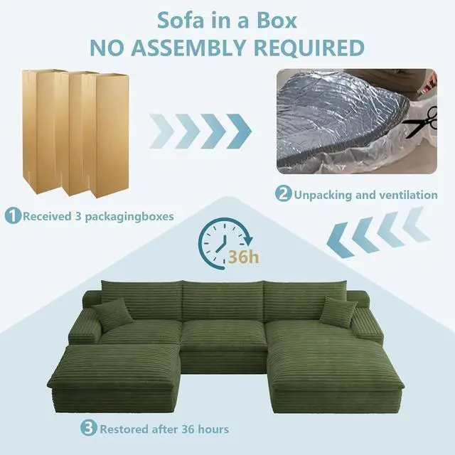 Alt view image 7 of 7 - 107" Cloud Sectional Couch with U-Shaped Chaise,Corduroy Viral Boneless Sofa with Ottoman,Memory Foam Couches in a Box with Deep Seat for Living Room,No Assembly Required (Green,Right-Facing Chaise)