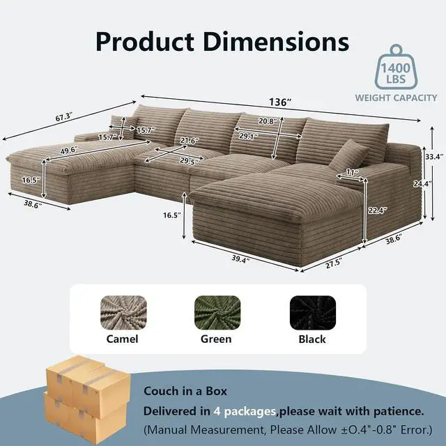 Alt view image 2 of 7 - 136" Cloud Sectional Couch with U-Shaped Chaise,Corduroy Viral Boneless Sofa with Ottoman,Memory Foam Couches in a Box with Deep Seat for Living Room,No Assembly Required (Camel,Left-Facing Chaise)