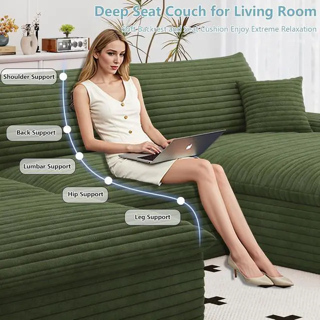 Alt view image 5 of 7 - 107" Cloud Sectional Couch with U-Shaped Chaise,Corduroy Viral Boneless Sofa with Ottoman,Memory Foam Couches in a Box with Deep Seat for Living Room,No Assembly Required (Green,Right-Facing Chaise)
