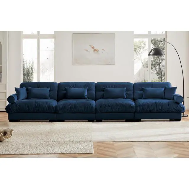 Alt view image 3 of 6 - 166" Modular Sectional Sofa, Oversized 4-Seater Velvet Cloud Couch with Waist & Throw Pillows, Deep Seat Upholstered Sofa for Living Room, Bedroom & Small Spaces (Blue, 4-Seater)