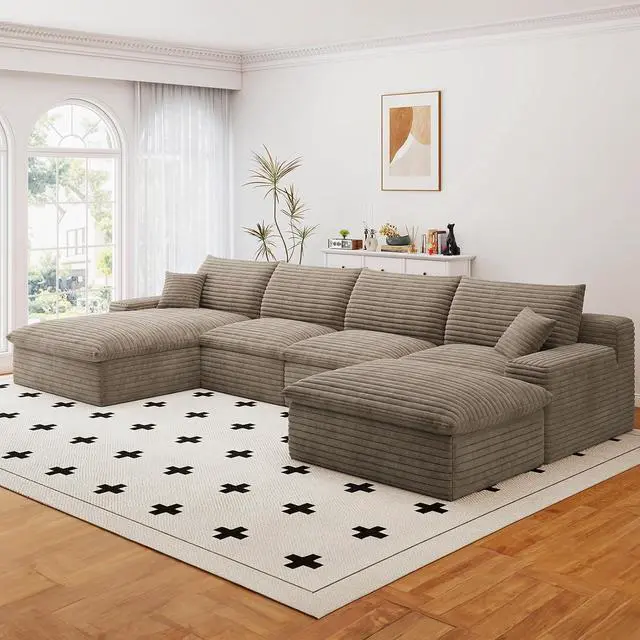 Alt view image 4 of 7 - 136" Cloud Sectional Couch with U-Shaped Chaise,Corduroy Viral Boneless Sofa with Ottoman,Memory Foam Couches in a Box with Deep Seat for Living Room,No Assembly Required (Camel,Left-Facing Chaise)