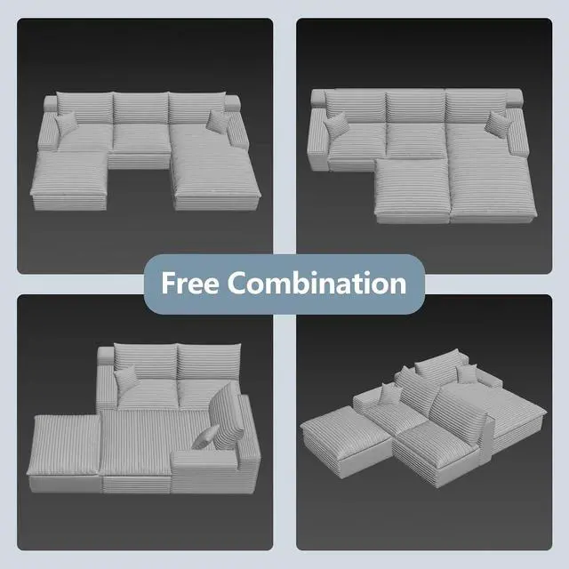 Alt view image 6 of 7 - 107" Cloud Sectional Couch with U-Shaped Chaise,Corduroy Viral Boneless Sofa with Ottoman,Memory Foam Couches in a Box with Deep Seat for Living Room,No Assembly Required (Black,Right-Facing Chaise)