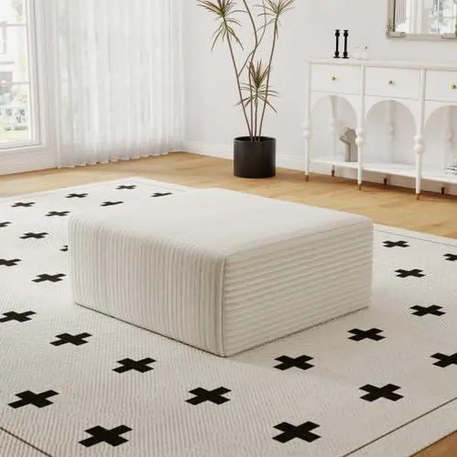 Main image of 27.5" Ottoman Seat, Corduroy Upholstered Deep Seat, Comfy Cloud Couch with Movable Ottoman, DIY Combination, Plush Corduroy, White