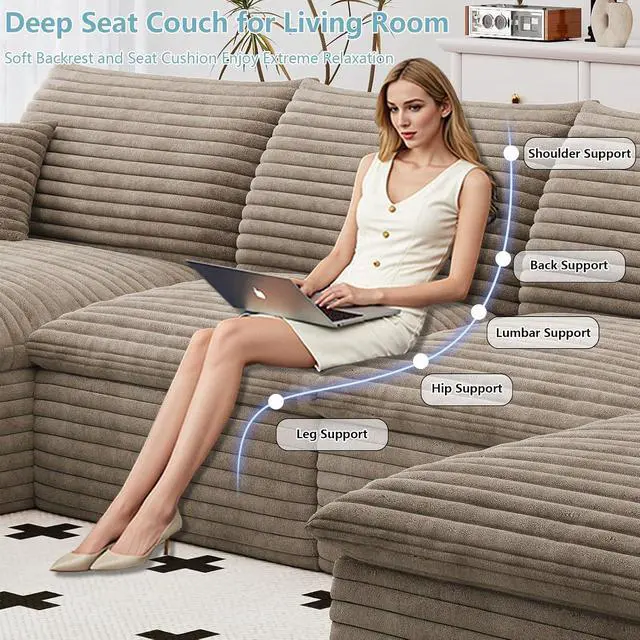 Alt view image 5 of 7 - 136" Cloud Sectional Couch with U-Shaped Chaise,Corduroy Viral Boneless Sofa with Ottoman,Memory Foam Couches in a Box with Deep Seat for Living Room,No Assembly Required (Camel,Left-Facing Chaise)