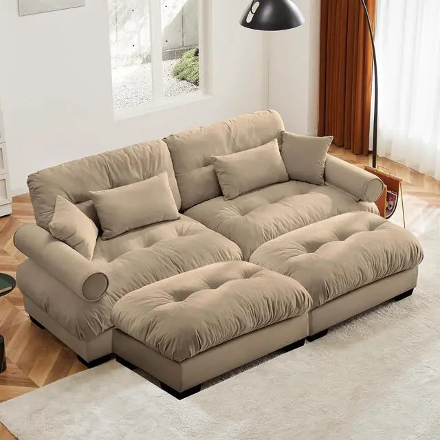 Main image of 93.7" Oversized Loveseat Sofa with 2 Ottomans, Modern Velvet 2-Seat Couch with Waist & Throw Pillows, Upholstered Deep Seat Cloud Couch for Living Room, Bedroom (Camel,2 Seater with 2 Ottomans)