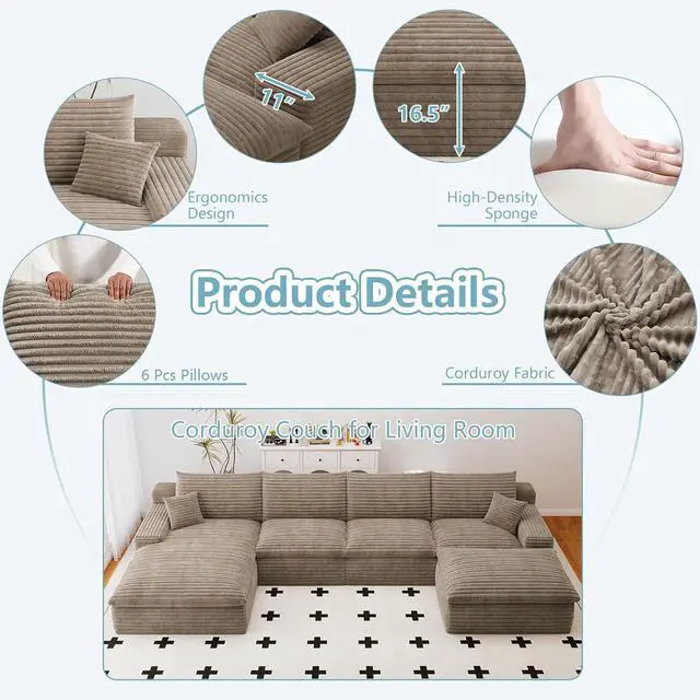 Alt view image 3 of 7 - 136" Cloud Sectional Couch with U-Shaped Chaise,Corduroy Viral Boneless Sofa with Ottoman,Memory Foam Couches in a Box with Deep Seat for Living Room,No Assembly Required (Camel,Left-Facing Chaise)