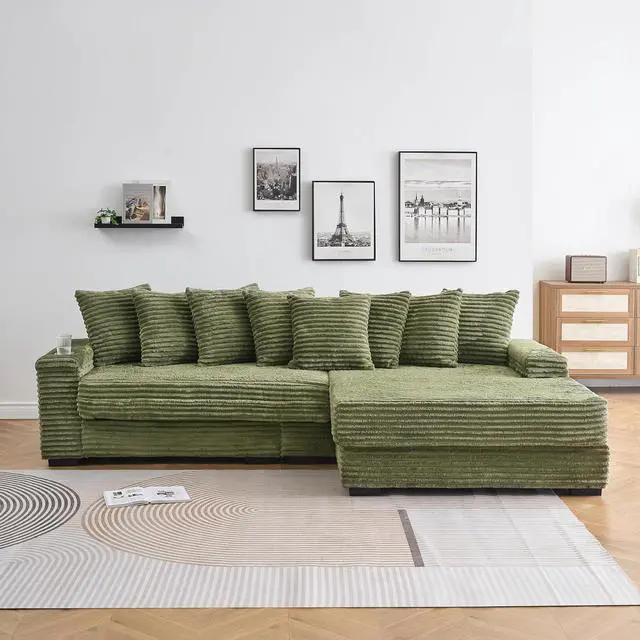 Alt view image 6 of 7 - 111" W Modular Sectional Sofa with 8 Pillows, Comfy Corduroy Cloud Couch with Cup Holders & Storage, L-Shaped Modern 4-Seater Sofa for Living Room or Apartment(Green, Reversible Chaise)