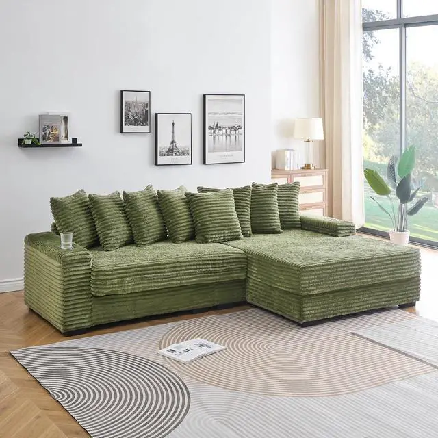 Alt view image 7 of 7 - 111" W Modular Sectional Sofa with 8 Pillows, Comfy Corduroy Cloud Couch with Cup Holders & Storage, L-Shaped Modern 4-Seater Sofa for Living Room or Apartment(Green, Reversible Chaise)