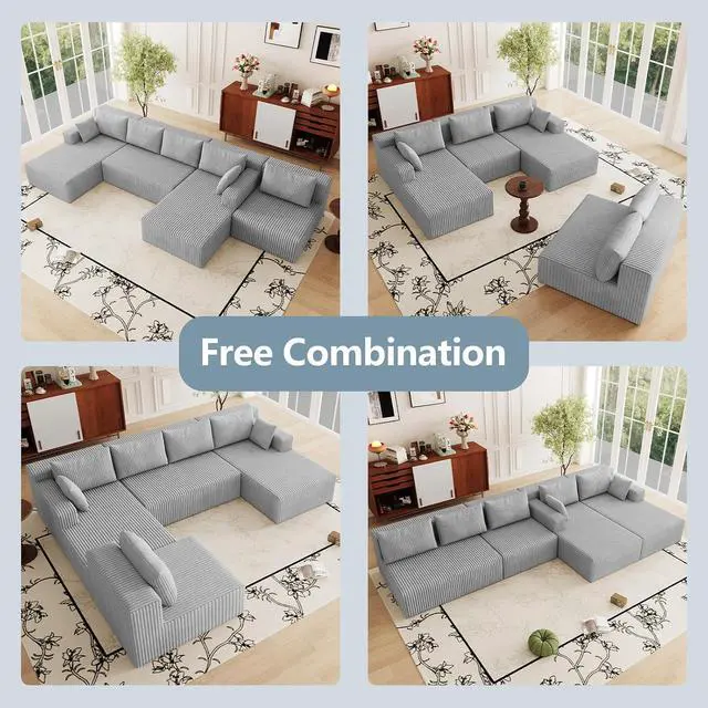 Alt view image 3 of 7 - 160" Cloud Sectional Couch,Modern U-Shaped Cloud Couch with Deep Seat,Comfy Corduroy 5-Seater Sofa,Memory Foam Sofa for Living Room,No Assembly (Light Grey)