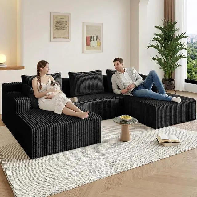 Alt view image 4 of 7 - 107" W Cloud Sectional Couch,Modern U-Shaped Cloud Couch with Deep Seat,Comfy Corduroy 3-Seater Sofa,Memory Foam Sofa for Living Room,No Assembly (Jet Black,Right-Facing Chaise)