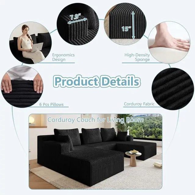 Alt view image 3 of 7 - 107" W Cloud Sectional Couch,Modern U-Shaped Cloud Couch with Deep Seat,Comfy Corduroy 3-Seater Sofa,Memory Foam Sofa for Living Room,No Assembly (Jet Black,Right-Facing Chaise)