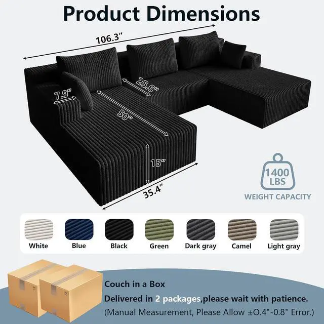 Alt view image 2 of 7 - 107" W Cloud Sectional Couch,Modern U-Shaped Cloud Couch with Deep Seat,Comfy Corduroy 3-Seater Sofa,Memory Foam Sofa for Living Room,No Assembly (Jet Black,Right-Facing Chaise)