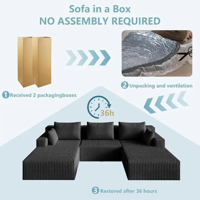 Alt view image 5 of 7 - 107" W Cloud Sectional Couch,Modern U-Shaped Cloud Couch with Deep Seat,Comfy Corduroy 3-Seater Sofa,Memory Foam Sofa for Living Room,No Assembly (Jet Black,Right-Facing Chaise)