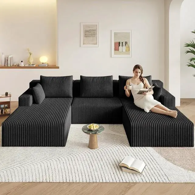 Alt view image 6 of 7 - 107" W Cloud Sectional Couch,Modern U-Shaped Cloud Couch with Deep Seat,Comfy Corduroy 3-Seater Sofa,Memory Foam Sofa for Living Room,No Assembly (Jet Black,Right-Facing Chaise)