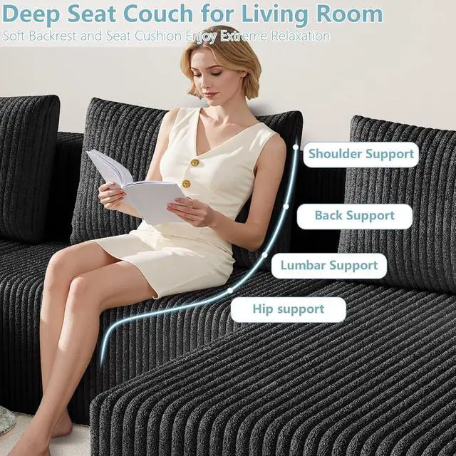 Alt view image 7 of 7 - 107" W Cloud Sectional Couch,Modern U-Shaped Cloud Couch with Deep Seat,Comfy Corduroy 3-Seater Sofa,Memory Foam Sofa for Living Room,No Assembly (Jet Black,Right-Facing Chaise)