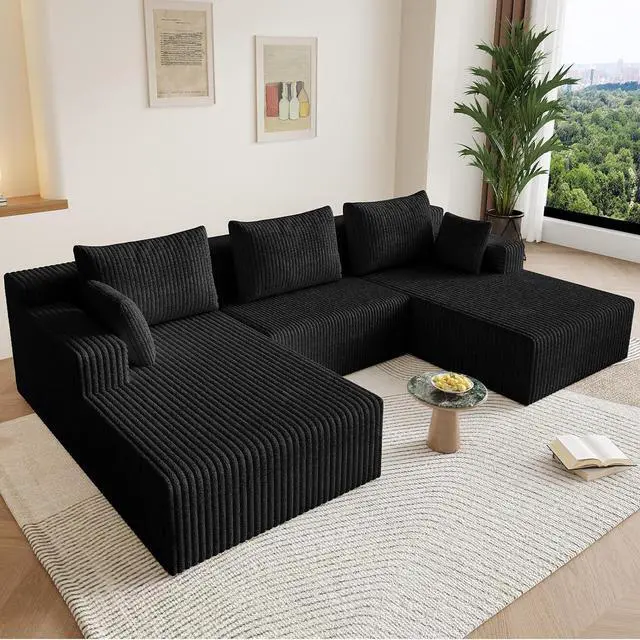 Main image of 107" W Cloud Sectional Couch,Modern U-Shaped Cloud Couch with Deep Seat,Comfy Corduroy 3-Seater Sofa,Memory Foam Sofa for Living Room,No Assembly (Jet Black,Right-Facing Chaise)