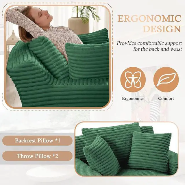 Alt view image 3 of 6 - 49.2"Oversized Chaise Lounge Chair Indoor,Corduroy Boneless Reading Chair with 3 Pillows,Deep Seat Cloud Sofa Bed,Comfy Modern Sleeper Chairs in Box for Living Room Bedroom,No Assembly(Green)