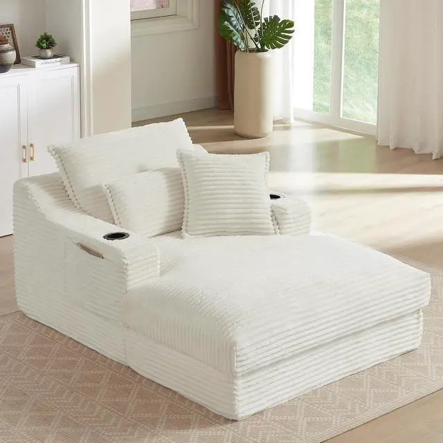 Alt view image 3 of 7 - 47.2"Oversized Chaise Lounge Chair Indoor,Corduroy Boneless Reading Chair with Cup Holder,Deep Seat Cloud Sofa Bed,Comfy Modern Sleeper Chairs in Box for Living Room Bedroom,No Assembly (White)