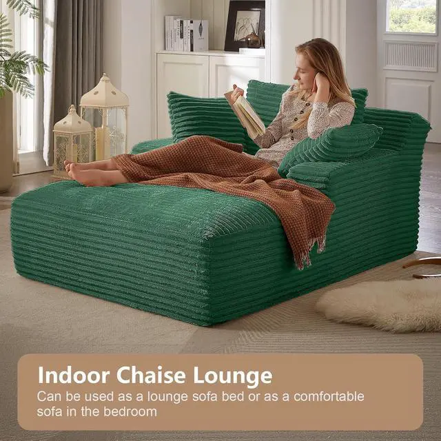 Alt view image 6 of 6 - 49.2"Oversized Chaise Lounge Chair Indoor,Corduroy Boneless Reading Chair with 3 Pillows,Deep Seat Cloud Sofa Bed,Comfy Modern Sleeper Chairs in Box for Living Room Bedroom,No Assembly(Green)
