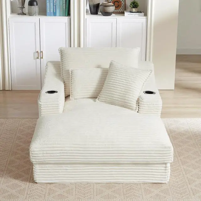 Alt view image 4 of 7 - 47.2"Oversized Chaise Lounge Chair Indoor,Corduroy Boneless Reading Chair with Cup Holder,Deep Seat Cloud Sofa Bed,Comfy Modern Sleeper Chairs in Box for Living Room Bedroom,No Assembly (White)