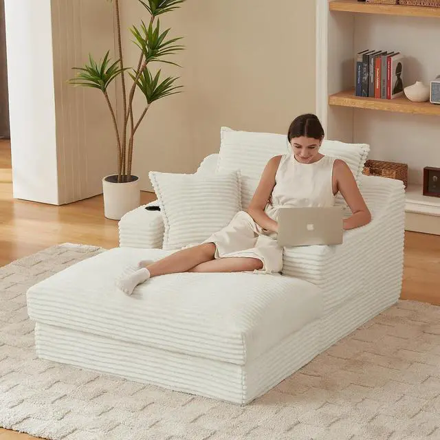 Main image of 47.2"Oversized Chaise Lounge Chair Indoor,Corduroy Boneless Reading Chair with Cup Holder,Deep Seat Cloud Sofa Bed,Comfy Modern Sleeper Chairs in Box for Living Room Bedroom,No Assembly (White)