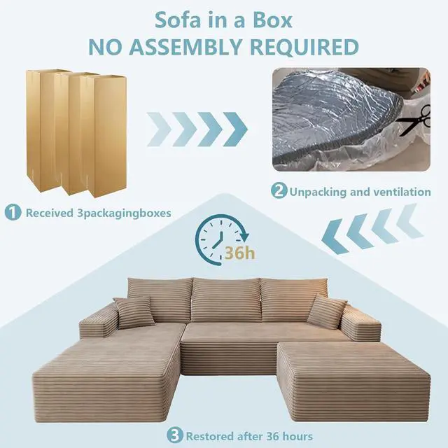 Alt view image 7 of 7 - 107" U Shaped Cloud Sectional Couch with Fluffy Corduroy, Deep Memory Foam Seats Sofa with 1 Ottoman for Living Room, No Assembly Required(Camel,Left-Facing Chaise)