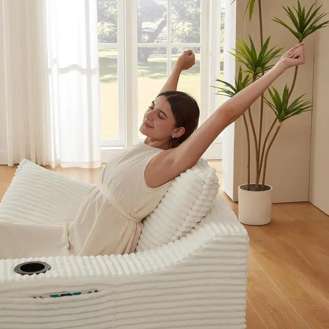 Alt view image 6 of 7 - 47.2"Oversized Chaise Lounge Chair Indoor,Corduroy Boneless Reading Chair with Cup Holder,Deep Seat Cloud Sofa Bed,Comfy Modern Sleeper Chairs in Box for Living Room Bedroom,No Assembly (White)