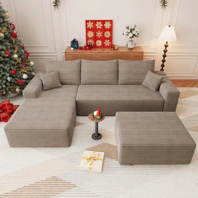 Alt view image 4 of 7 - 107" U Shaped Cloud Sectional Couch with Fluffy Corduroy, Deep Memory Foam Seats Sofa with 1 Ottoman for Living Room, No Assembly Required(Camel,Left-Facing Chaise)