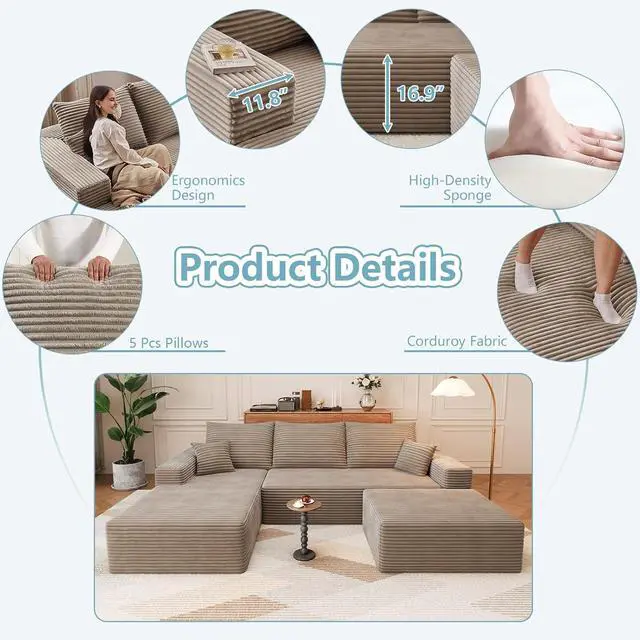 Alt view image 6 of 7 - 107" U Shaped Cloud Sectional Couch with Fluffy Corduroy, Deep Memory Foam Seats Sofa with 1 Ottoman for Living Room, No Assembly Required(Camel,Left-Facing Chaise)