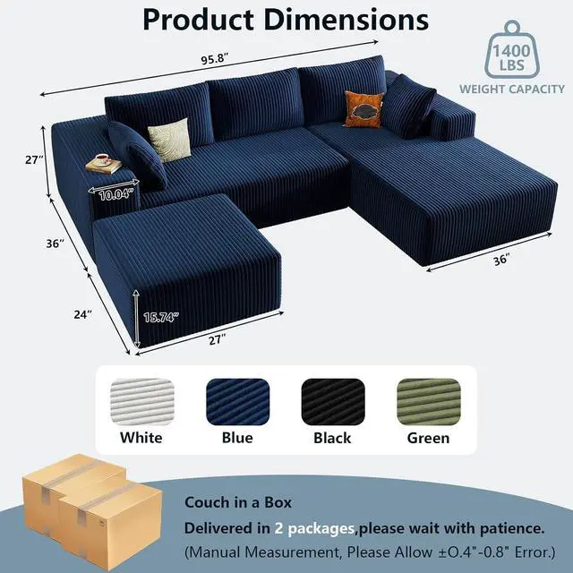Alt view image 2 of 6 - 96" U Shaped Cloud Sectional Couch with Fluffy Corduroy, Deep Memory Foam Seats Sofa with 1 Ottoman for Living Room, No Assembly Required(Blue,Right-Facing Chaise)