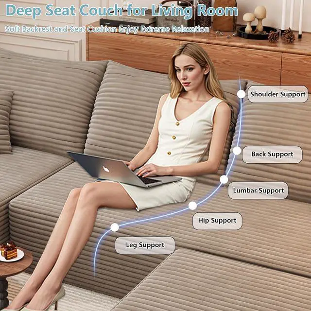 Alt view image 5 of 7 - 107" U Shaped Cloud Sectional Couch with Fluffy Corduroy, Deep Memory Foam Seats Sofa with 1 Ottoman for Living Room, No Assembly Required(Camel,Left-Facing Chaise)