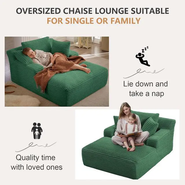Alt view image 5 of 6 - 49.2"Oversized Chaise Lounge Chair Indoor,Corduroy Boneless Reading Chair with 3 Pillows,Deep Seat Cloud Sofa Bed,Comfy Modern Sleeper Chairs in Box for Living Room Bedroom,No Assembly(Green)
