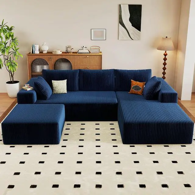 Alt view image 3 of 6 - 96" U Shaped Cloud Sectional Couch with Fluffy Corduroy, Deep Memory Foam Seats Sofa with 1 Ottoman for Living Room, No Assembly Required(Blue,Right-Facing Chaise)