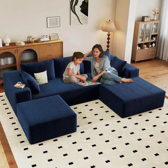 Main image of 96" U Shaped Cloud Sectional Couch with Fluffy Corduroy, Deep Memory Foam Seats Sofa with 1 Ottoman for Living Room, No Assembly Required(Blue,Right-Facing Chaise)