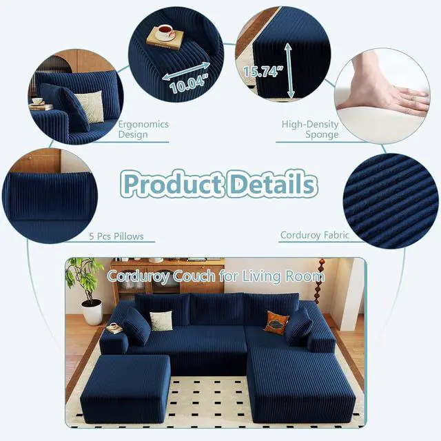 Alt view image 4 of 6 - 96" U Shaped Cloud Sectional Couch with Fluffy Corduroy, Deep Memory Foam Seats Sofa with 1 Ottoman for Living Room, No Assembly Required(Blue,Right-Facing Chaise)