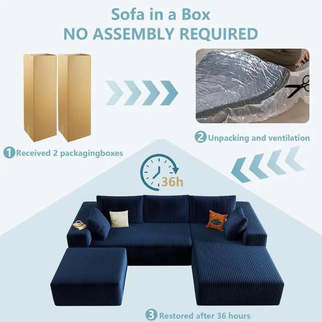 Alt view image 6 of 6 - 96" U Shaped Cloud Sectional Couch with Fluffy Corduroy, Deep Memory Foam Seats Sofa with 1 Ottoman for Living Room, No Assembly Required(Blue,Right-Facing Chaise)