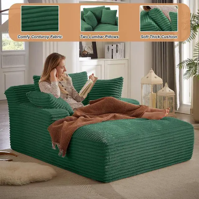 Alt view image 4 of 6 - 49.2"Oversized Chaise Lounge Chair Indoor,Corduroy Boneless Reading Chair with 3 Pillows,Deep Seat Cloud Sofa Bed,Comfy Modern Sleeper Chairs in Box for Living Room Bedroom,No Assembly(Green)