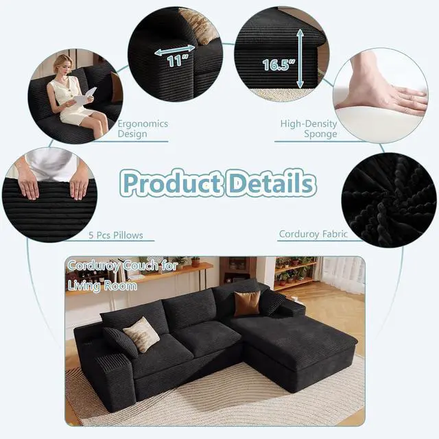 Alt view image 4 of 7 - 107" Cloud Sectional Couch with L-Shape Chaise, Modern Corduroy Viral Boneless Sofa for Living Room,Memory Foam Couches in a Box with Deep Seat,No Assembly Required (Black,Right-Facing Chaise)
