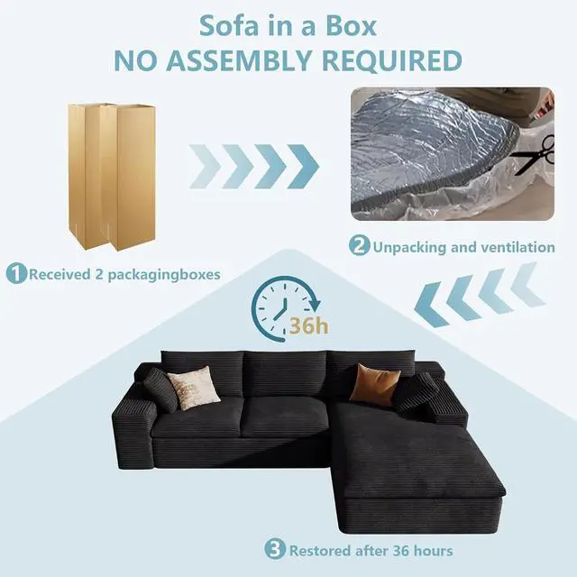 Alt view image 7 of 7 - 107" Cloud Sectional Couch with L-Shape Chaise, Modern Corduroy Viral Boneless Sofa for Living Room,Memory Foam Couches in a Box with Deep Seat,No Assembly Required (Black,Right-Facing Chaise)