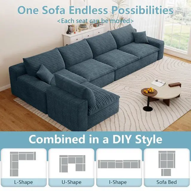 Alt view image 4 of 7 - 136" Oversized Cloud Sectional Couch with L-Shaped Chaise,5-Seater Corduroy Viral Boneless Sofa,Memory Foam Couches in a Box with Deep Seat for Living Room,No Assembly Required,Blue