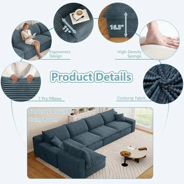 Alt view image 3 of 7 - 136" Oversized Cloud Sectional Couch with L-Shaped Chaise,5-Seater Corduroy Viral Boneless Sofa,Memory Foam Couches in a Box with Deep Seat for Living Room,No Assembly Required,Blue
