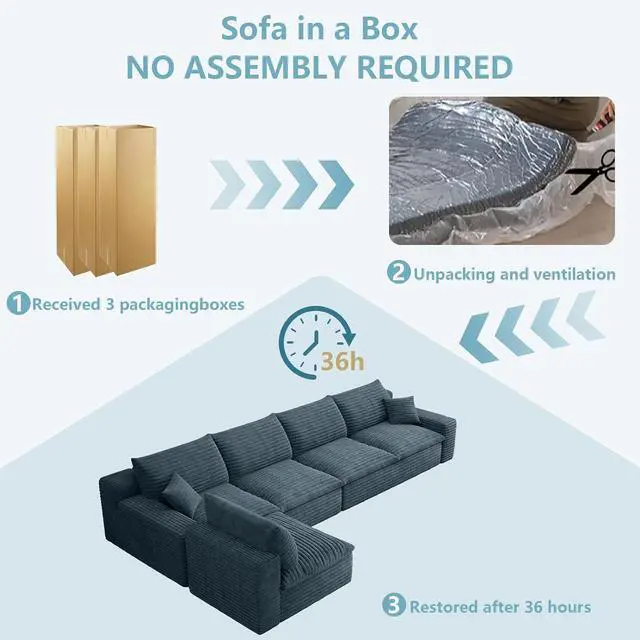 Alt view image 5 of 7 - 136" Oversized Cloud Sectional Couch with L-Shaped Chaise,5-Seater Corduroy Viral Boneless Sofa,Memory Foam Couches in a Box with Deep Seat for Living Room,No Assembly Required,Blue