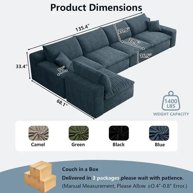 Alt view image 6 of 7 - 136" Oversized Cloud Sectional Couch with L-Shaped Chaise,5-Seater Corduroy Viral Boneless Sofa,Memory Foam Couches in a Box with Deep Seat for Living Room,No Assembly Required,Blue