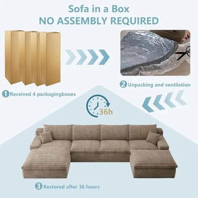 Alt view image 7 of 7 - 136" Cloud Sectional Couch with U-Shaped Chaise,Corduroy Viral Boneless Sofa with Ottoman,Memory Foam Couches in a Box with Deep Seat for Living Room,No Assembly Required (Camel,Left-Facing Chaise)